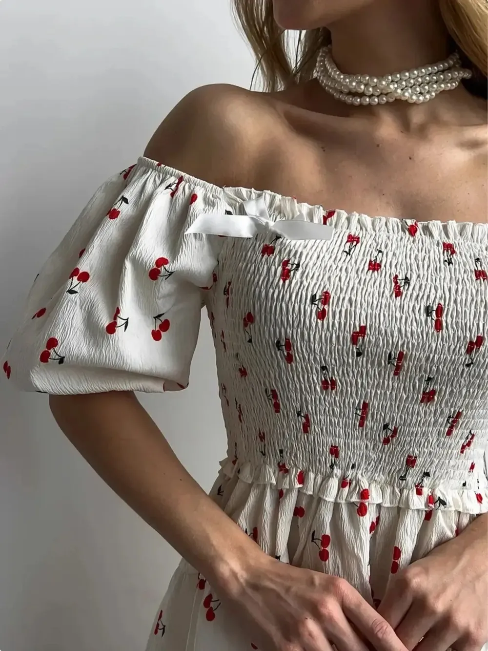 Puff Sleeve Cherry Print Smocked Mini Dress, image 5