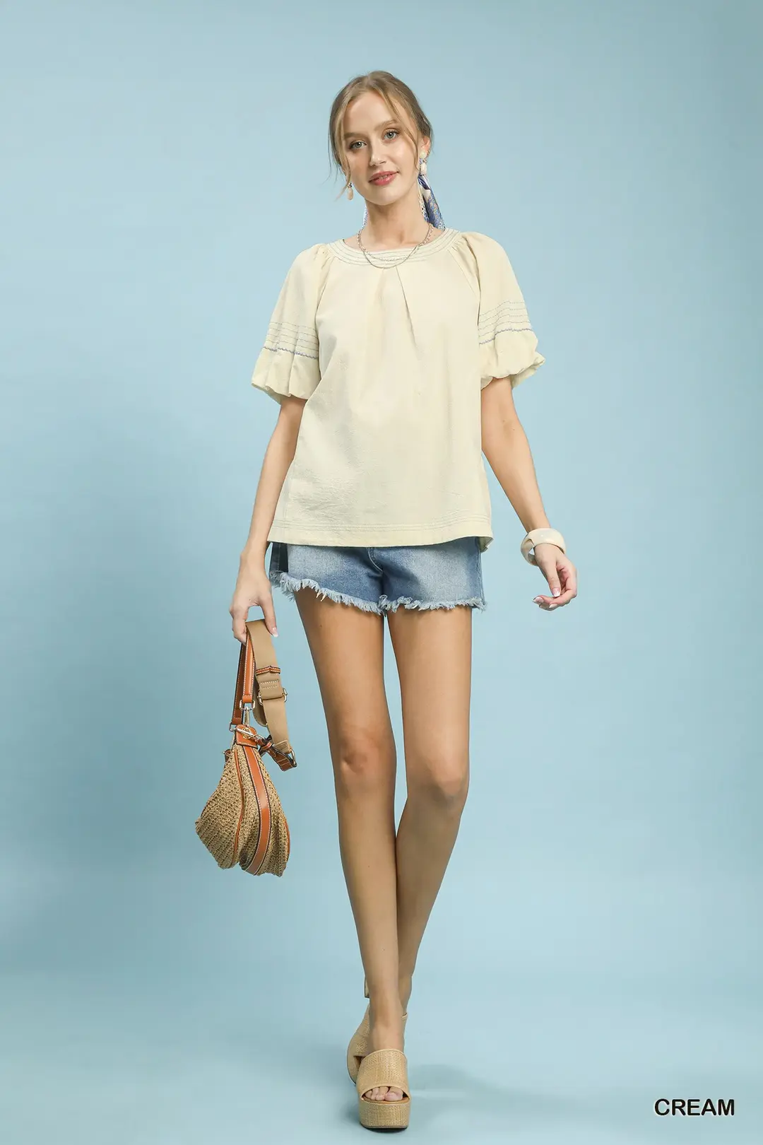 Round Neck Puff Sleeve Top with Contrast Stitch Detail, image 3