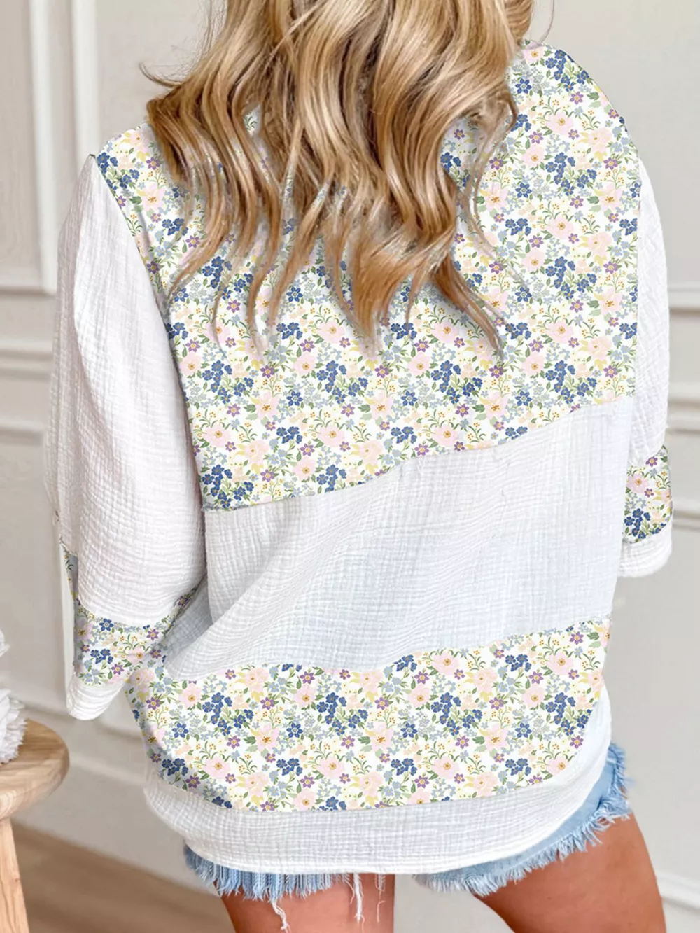 Floral Print Henley Button 3/4 Sleeve Blouse, image 3