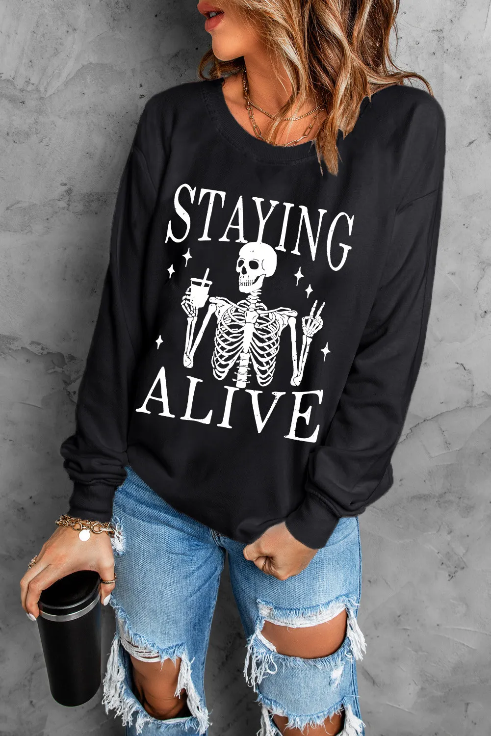 Skull Graphic Round Neck Long Sleeve Sweatshirt, image 3