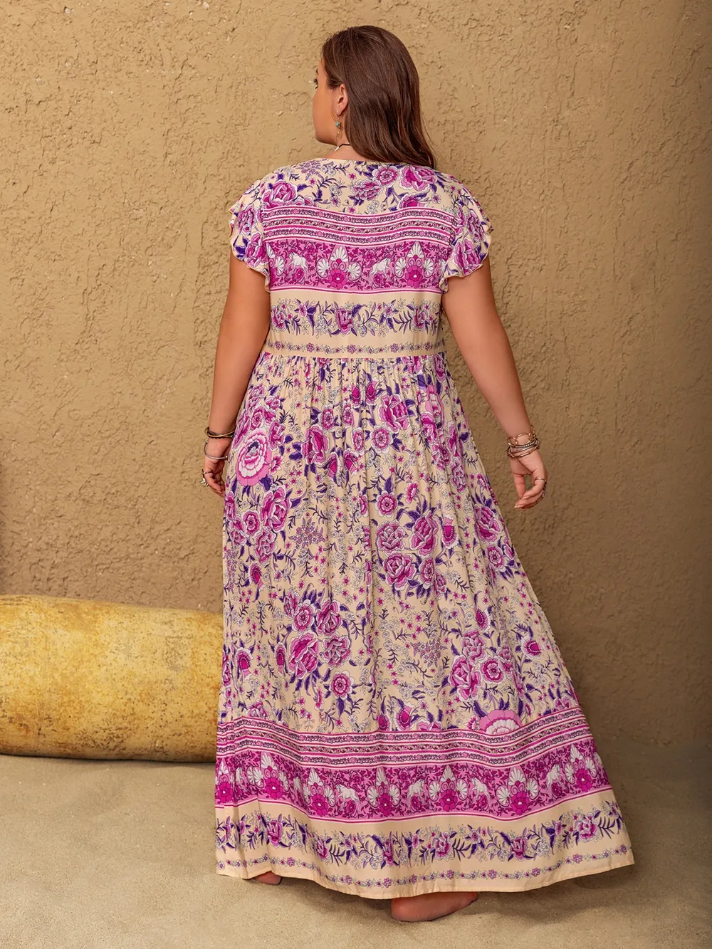 Plus Size Printed V-Neck Cap Sleeve Maxi Dress, image 6