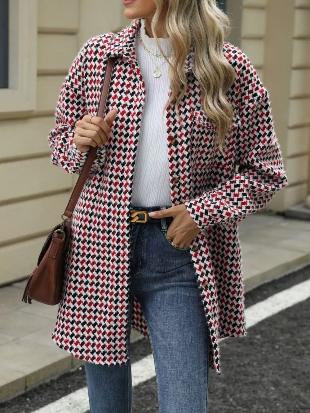 Houndstooth Button Up Long Sleeve Coat, image 10