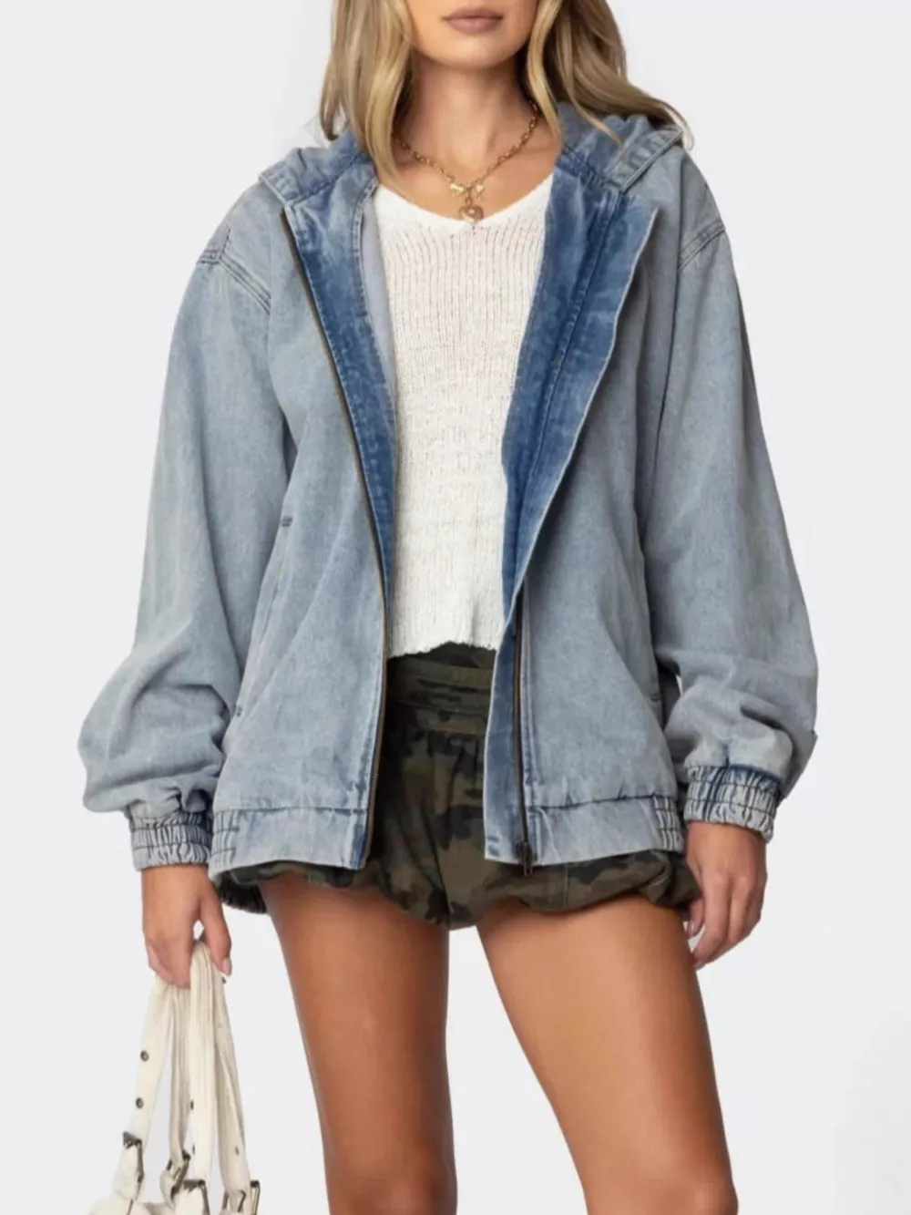 Hooded Oversized Zip Up Denim Jacket, image 2
