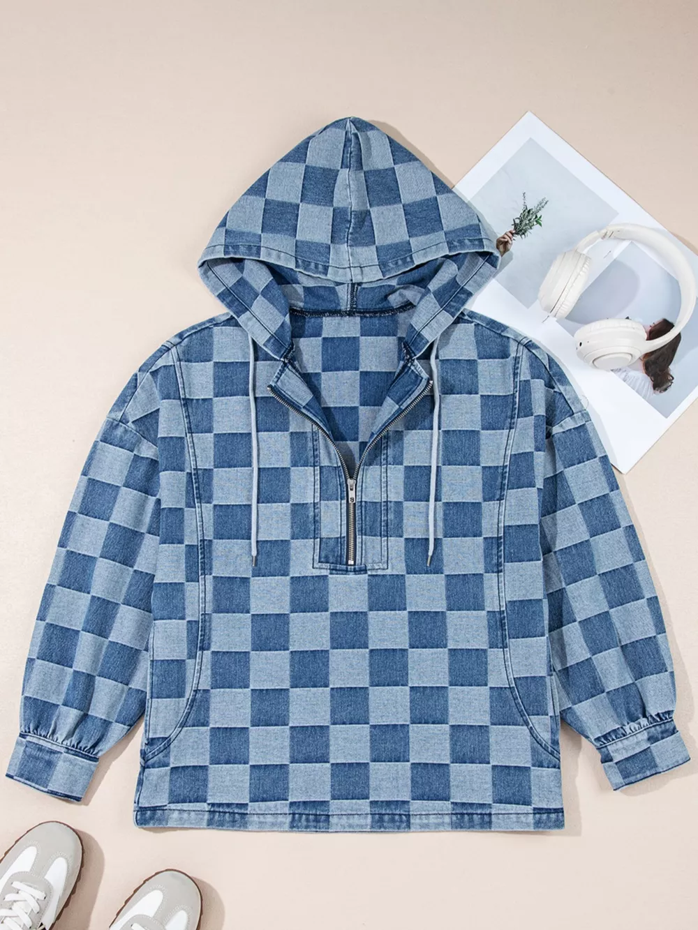 Checkered Half Zip Denim Hoodie Top, image 6