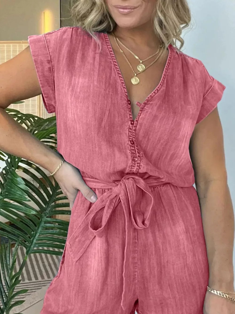 Full Size Tie Waist Cap Sleeve Romper Plus Size, image 15