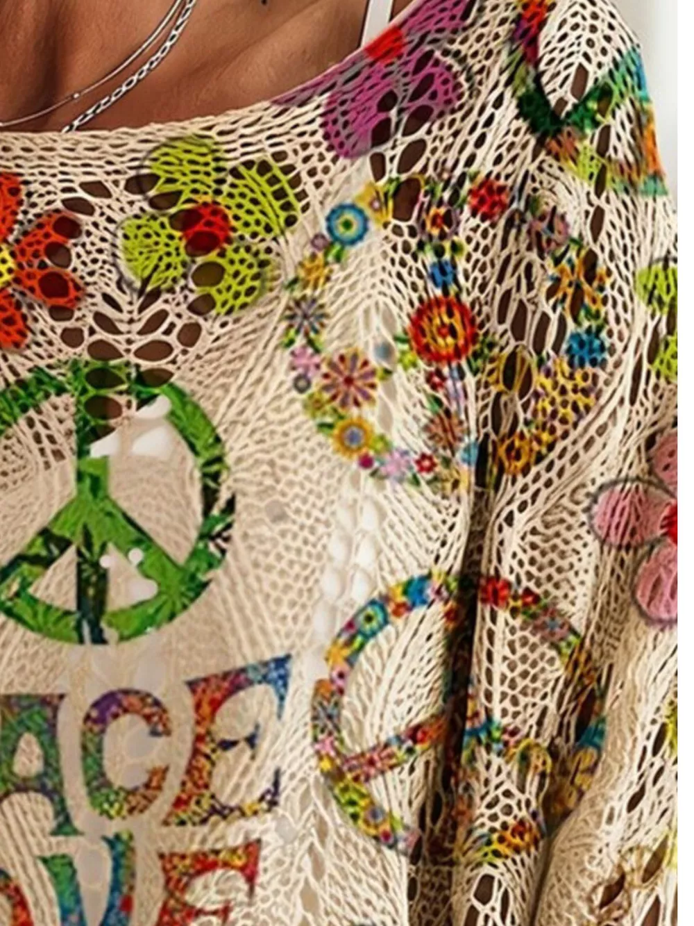 Boho Chic Peace & Love Print Crochet Knit Top, image 3
