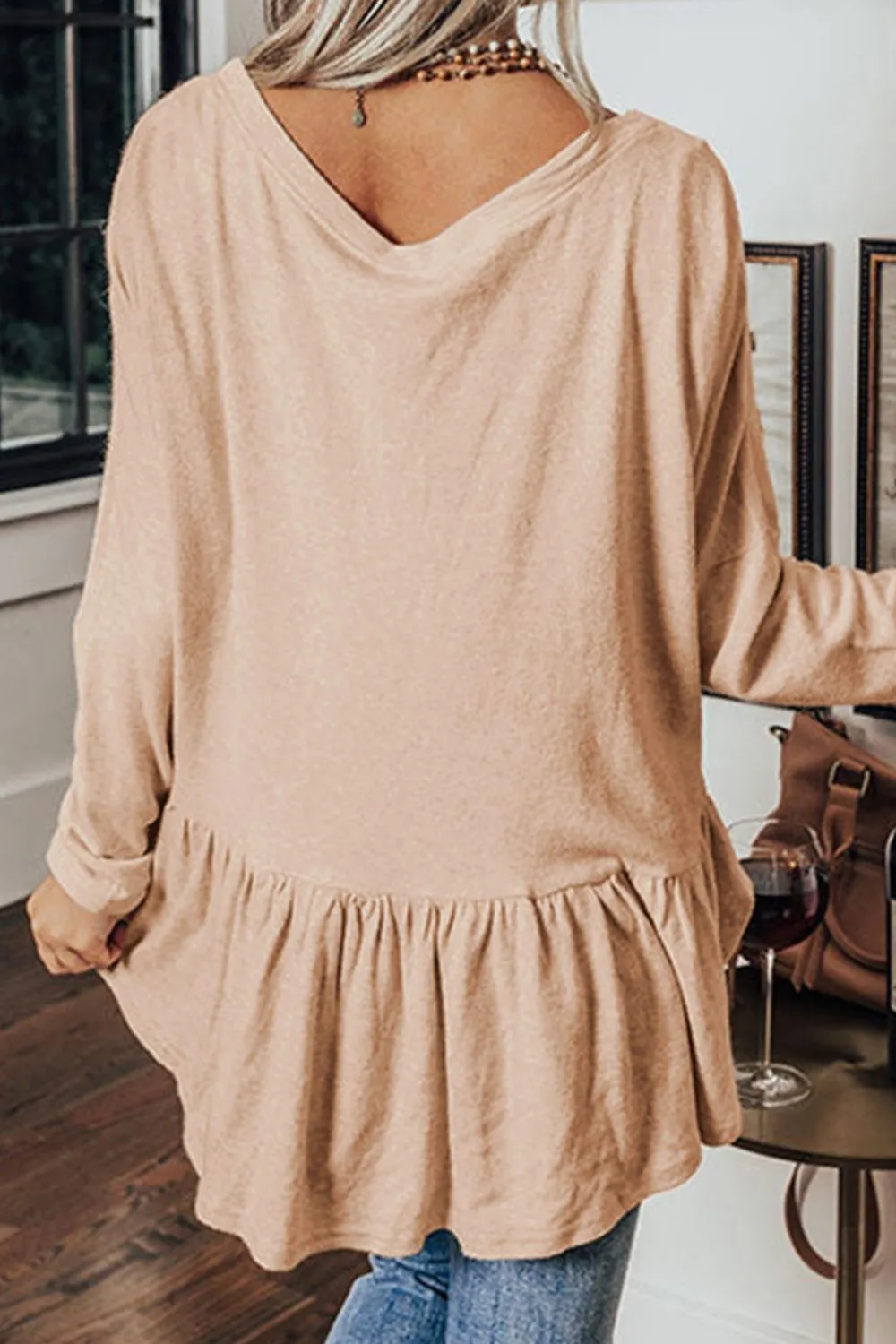 Curved Hem V-Neck Long Sleeve Top, image 5