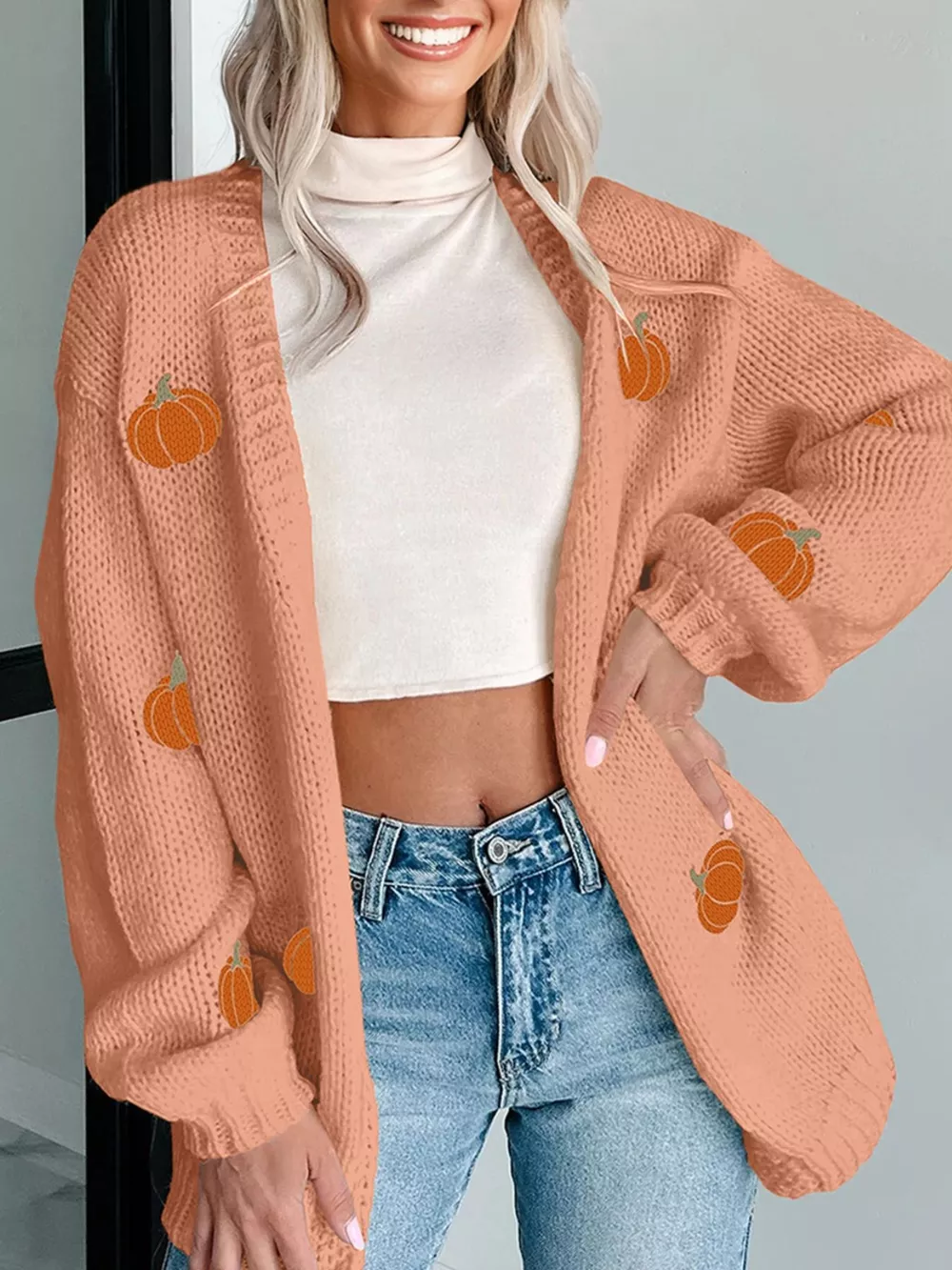 Pumpkin Tree Print Open Front Drop Shoulder Midi Cardigan, image 3