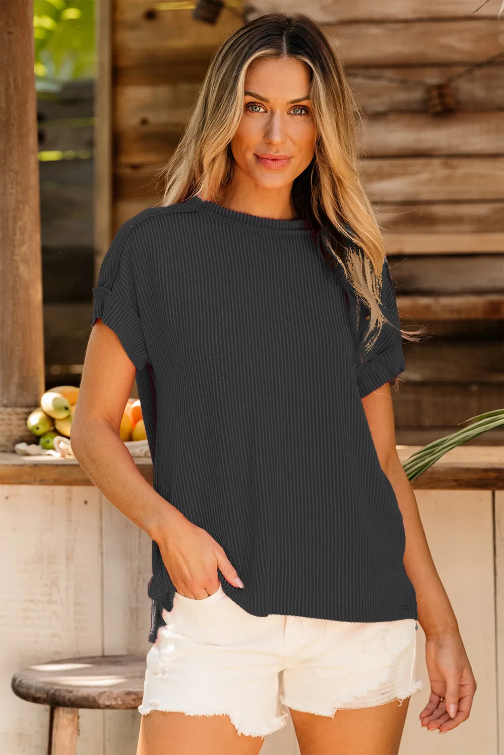 Exposed Seam Round Neck Short Sleeve T-Shirt, image 5