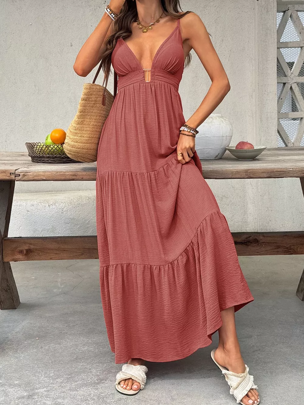 Deep V-Neck Tiered Maxi Dress, image 2