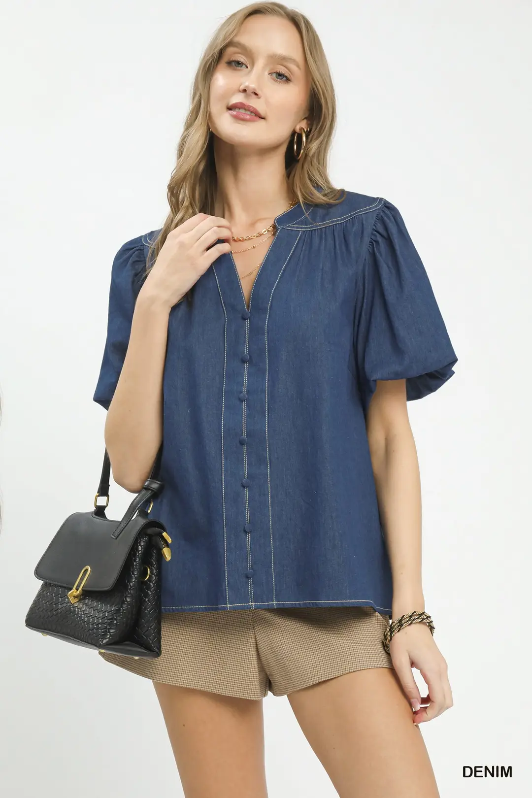 Denim Button Front Puff Sleeve Boho Blouse