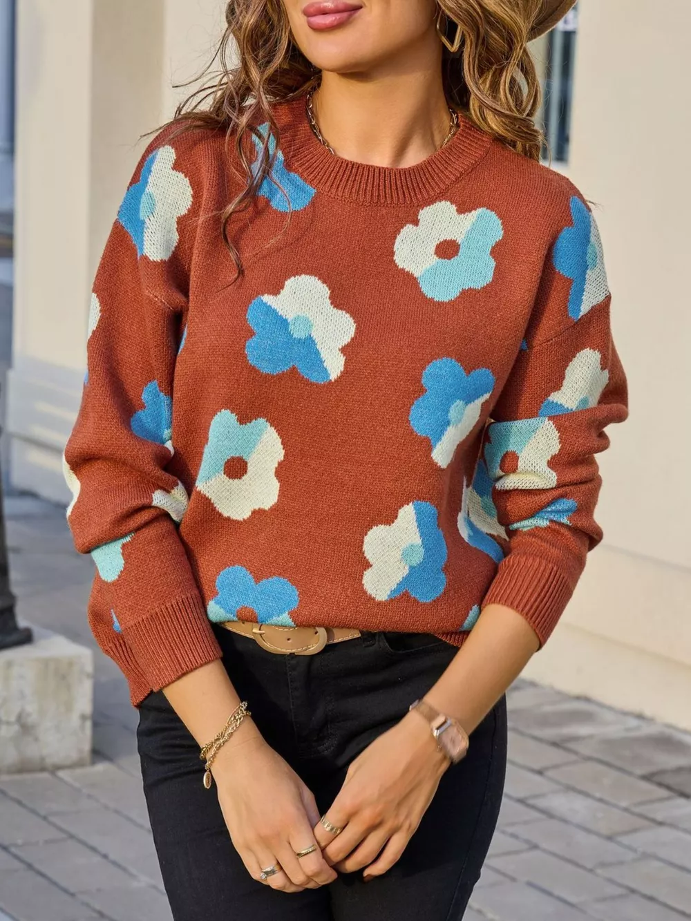 Floral Crew Neck Long Sleeve Sweater, image 3