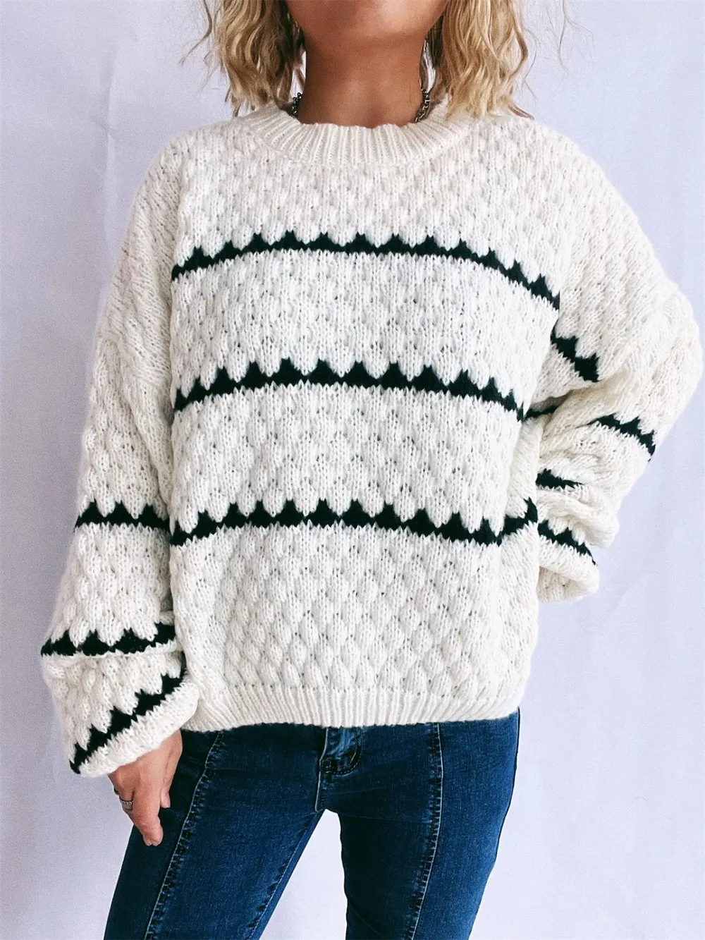 Contrast Stripes Round Neck Long Sleeve Sweater, image 4