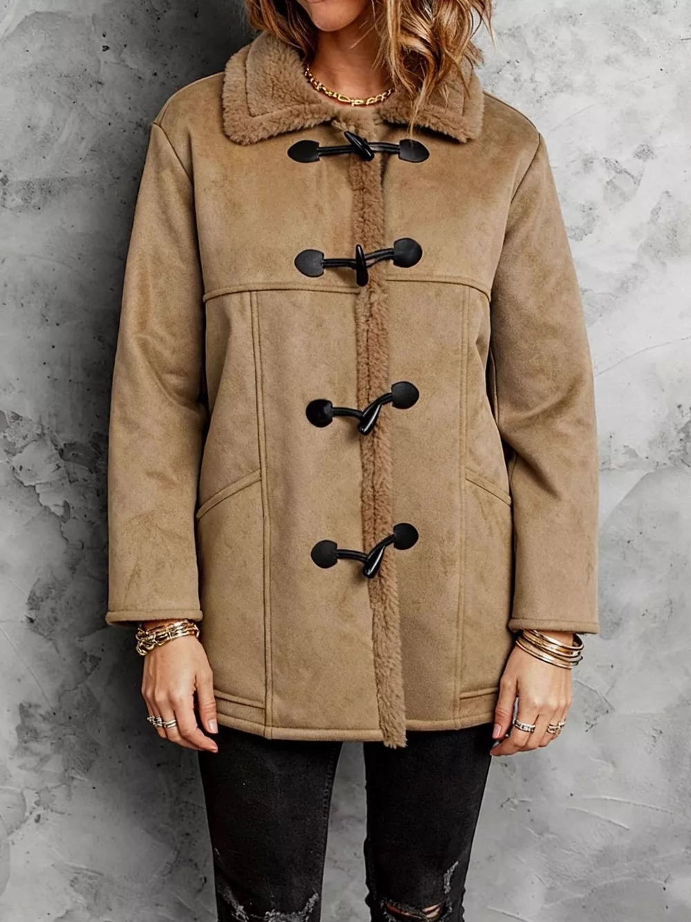 Faux Suede Sherpa Lined Toggle Coat, image 3