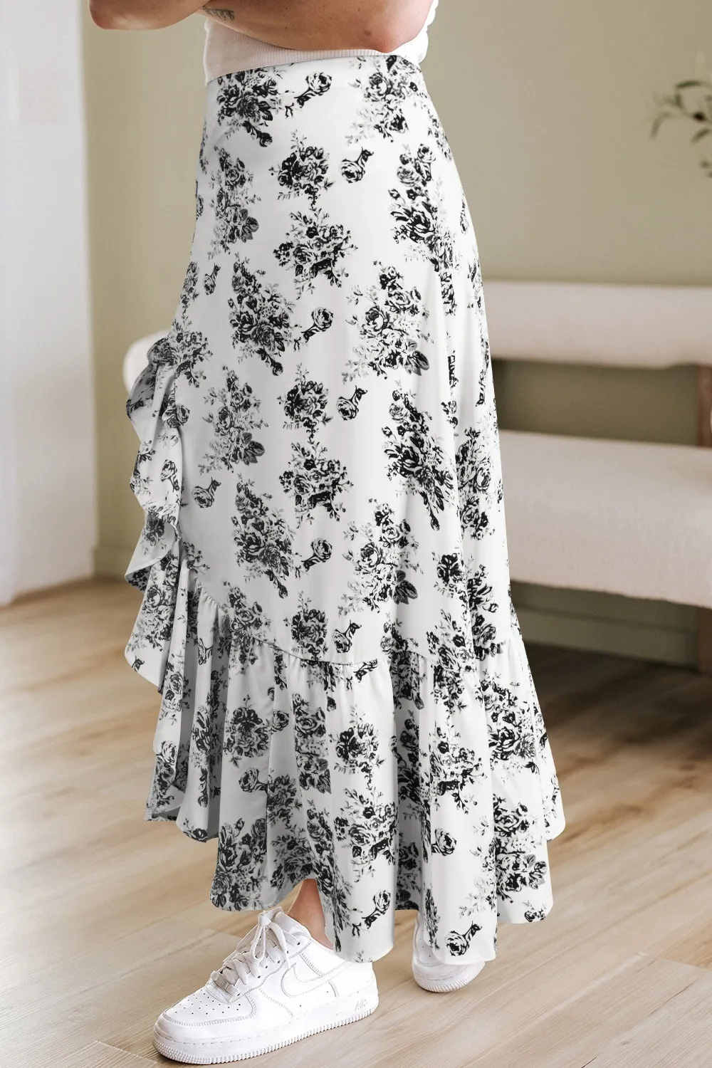 Boho Floral High Waist Ruffle Split Maxi Skirt, image 6