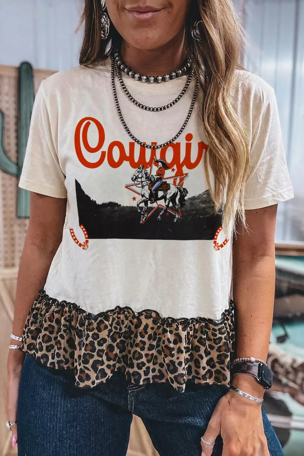 COWGIRL Print Leopard Ruffle Hem Patchwork T Shirt, image 3