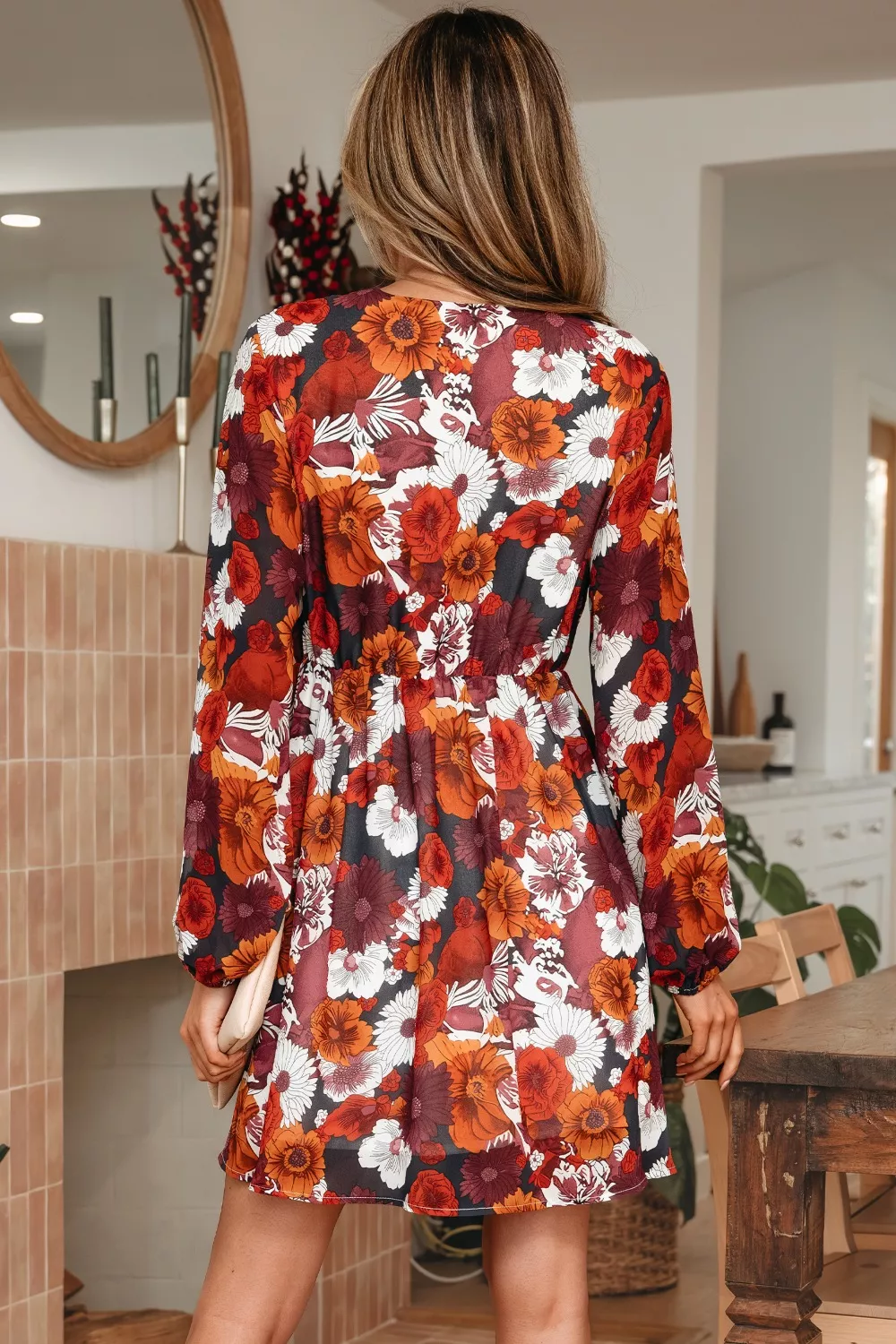 Floral Print Wrap V Neck Puff Sleeve Flowy Mini Dress, image 8