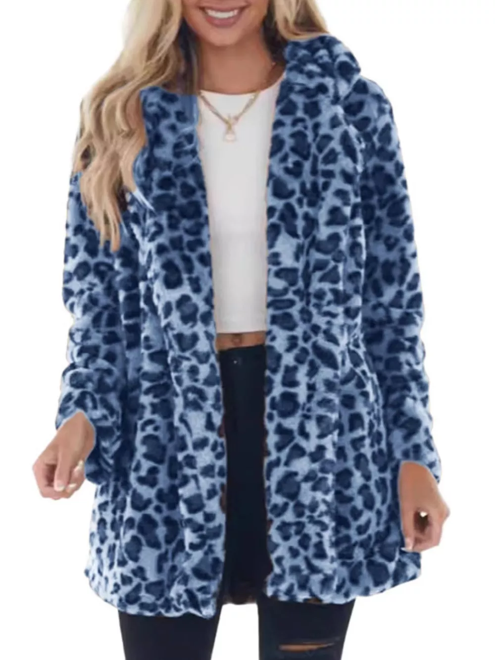 Full Size Leopard Faux Fur Open Front Outerwear Plus Size, image 3