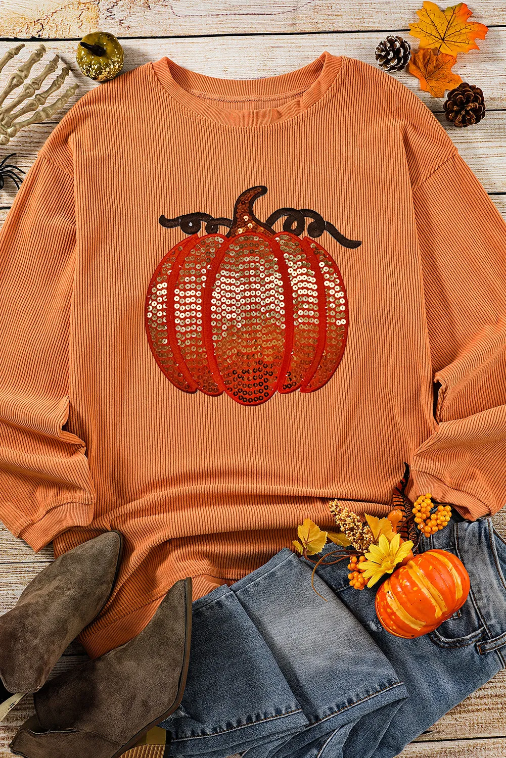 Sequin Pumpkin Round Neck Long Sleeve Sweatshirt, image 3