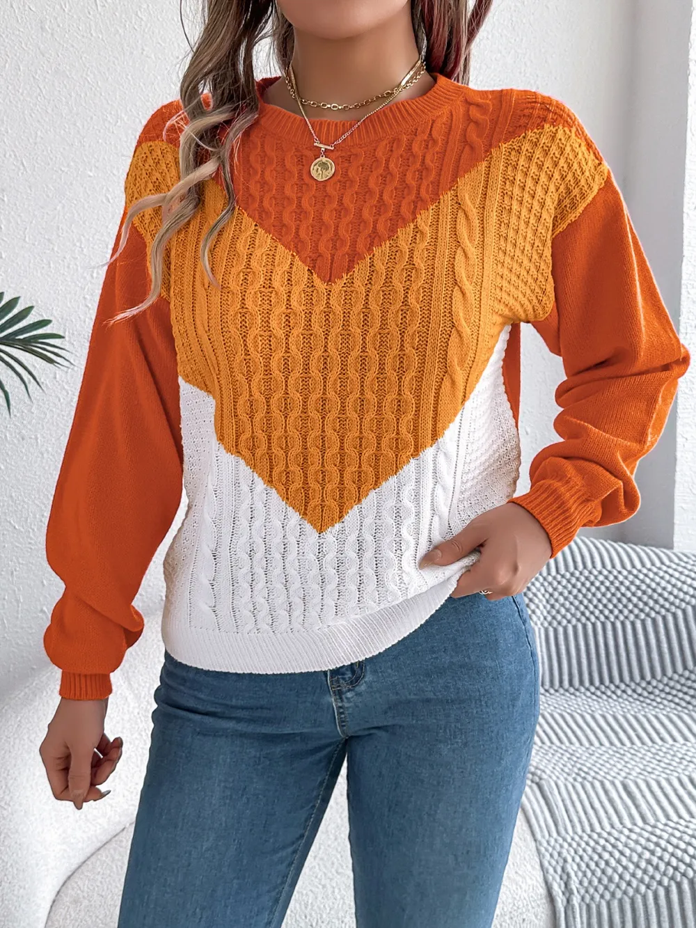 Contrast Round Neck Long Sleeve Sweater, image 8