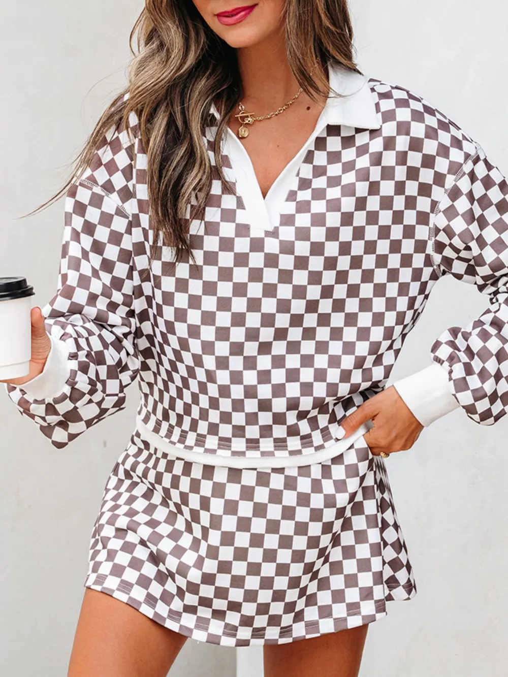 Checkered Print Polo Collar Cropped Long Sleeve Top and Drawstring Mini Skirt Set, image 2