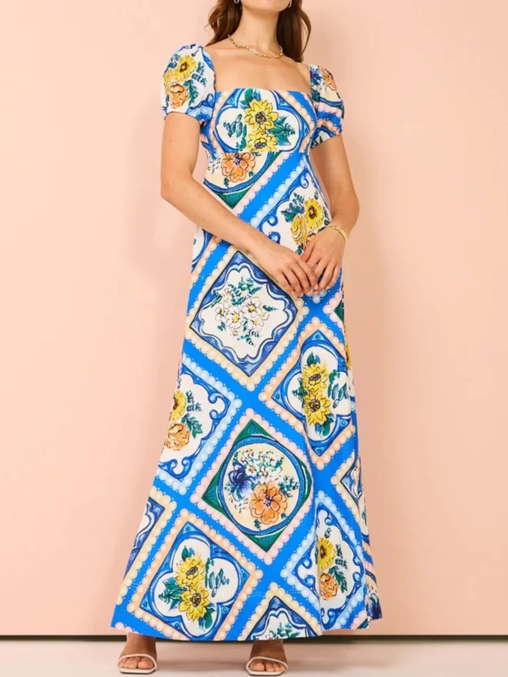 Printed Square Neck Puff Sleeve Maxi Dress, image 4
