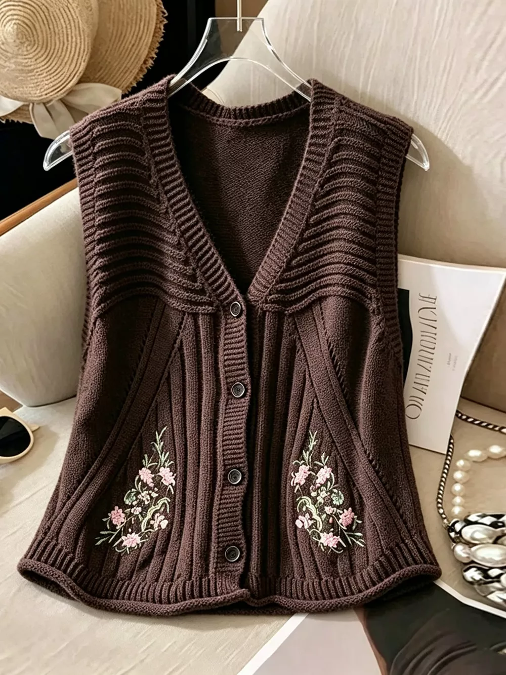 Floral Embroidered V-Neck Button-Down Sweater Vest, image 12