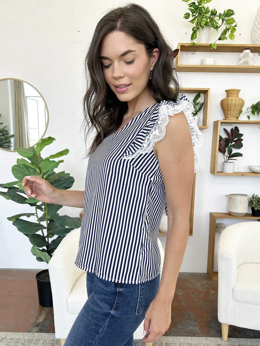 Lace Detail Ruffled Striped V-Neck Cap Sleeve Blouse, image 4