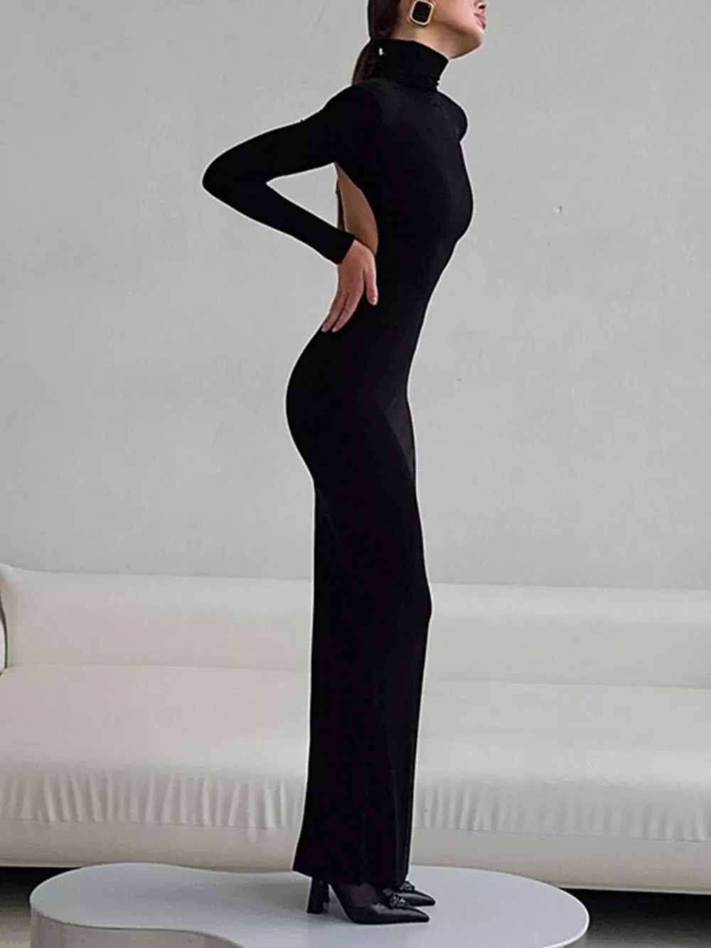 Backless Turtleneck Long Sleeve Bodycon Maxi Dress, image 2