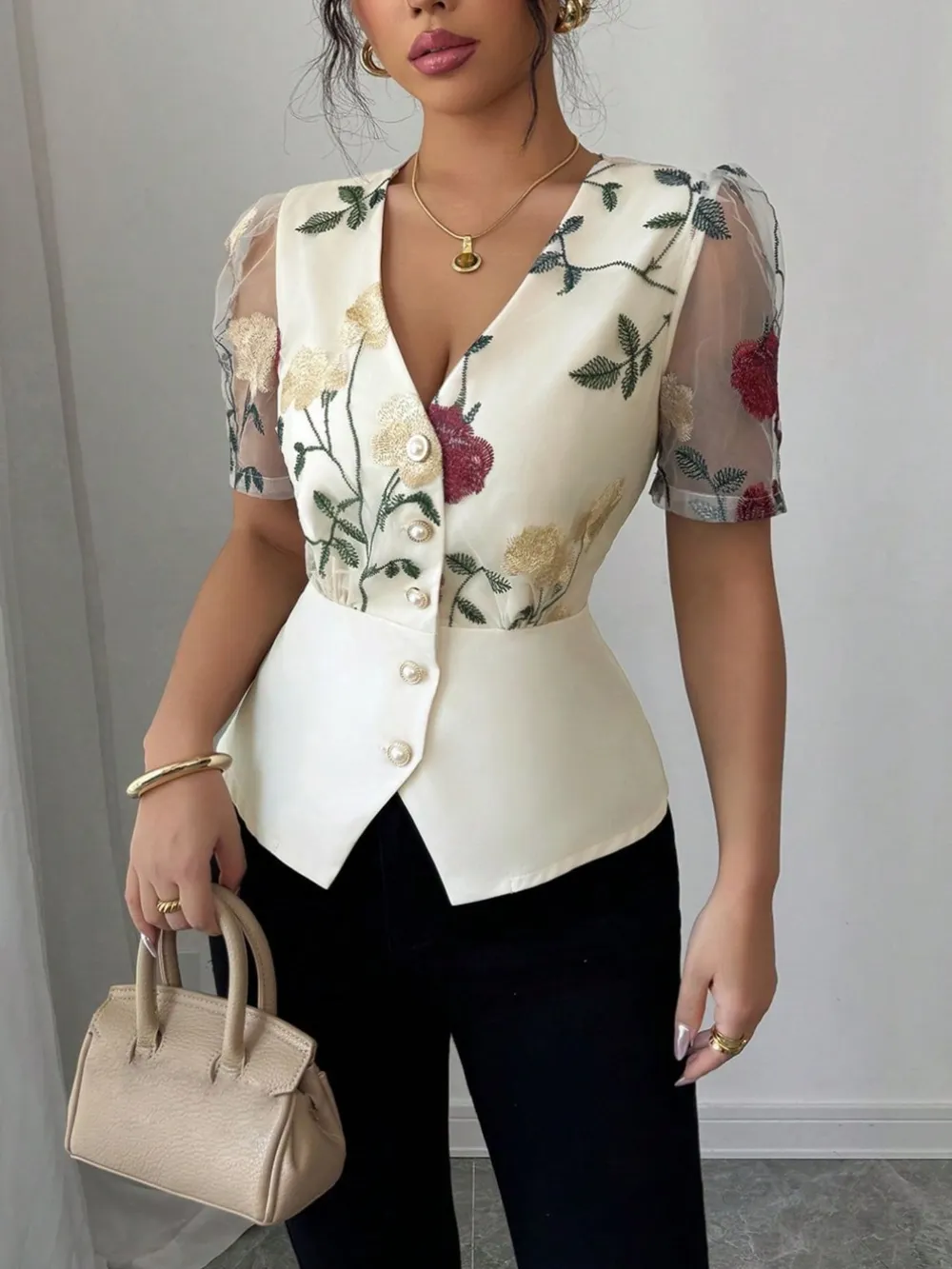 Floral Print V-Neck Button-Up Shirt