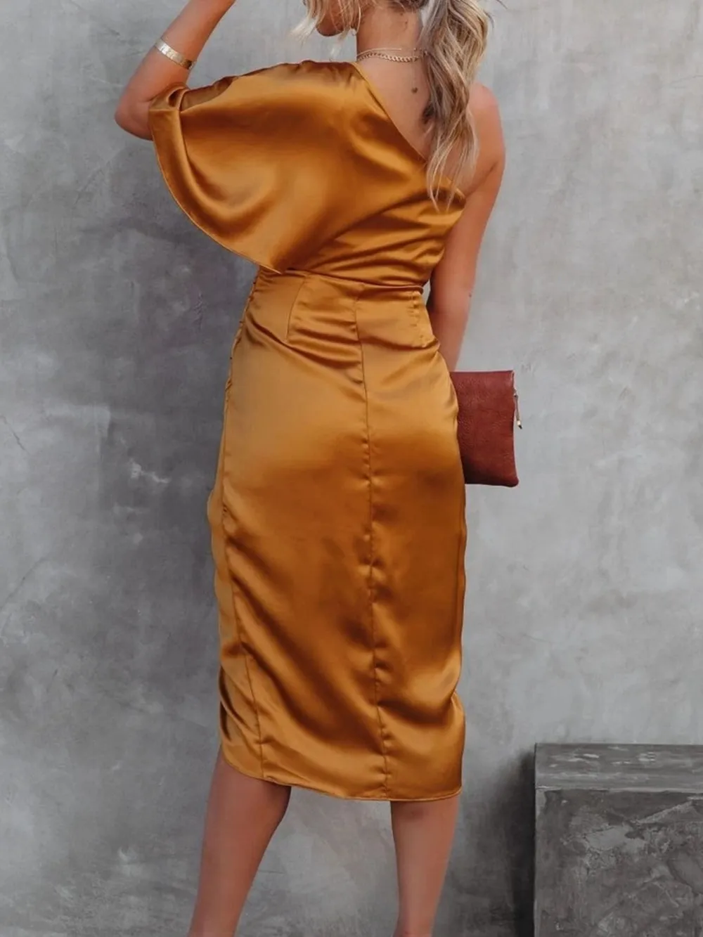 One-Shoulder Satin Wrap Dress with Side Slit, image 14