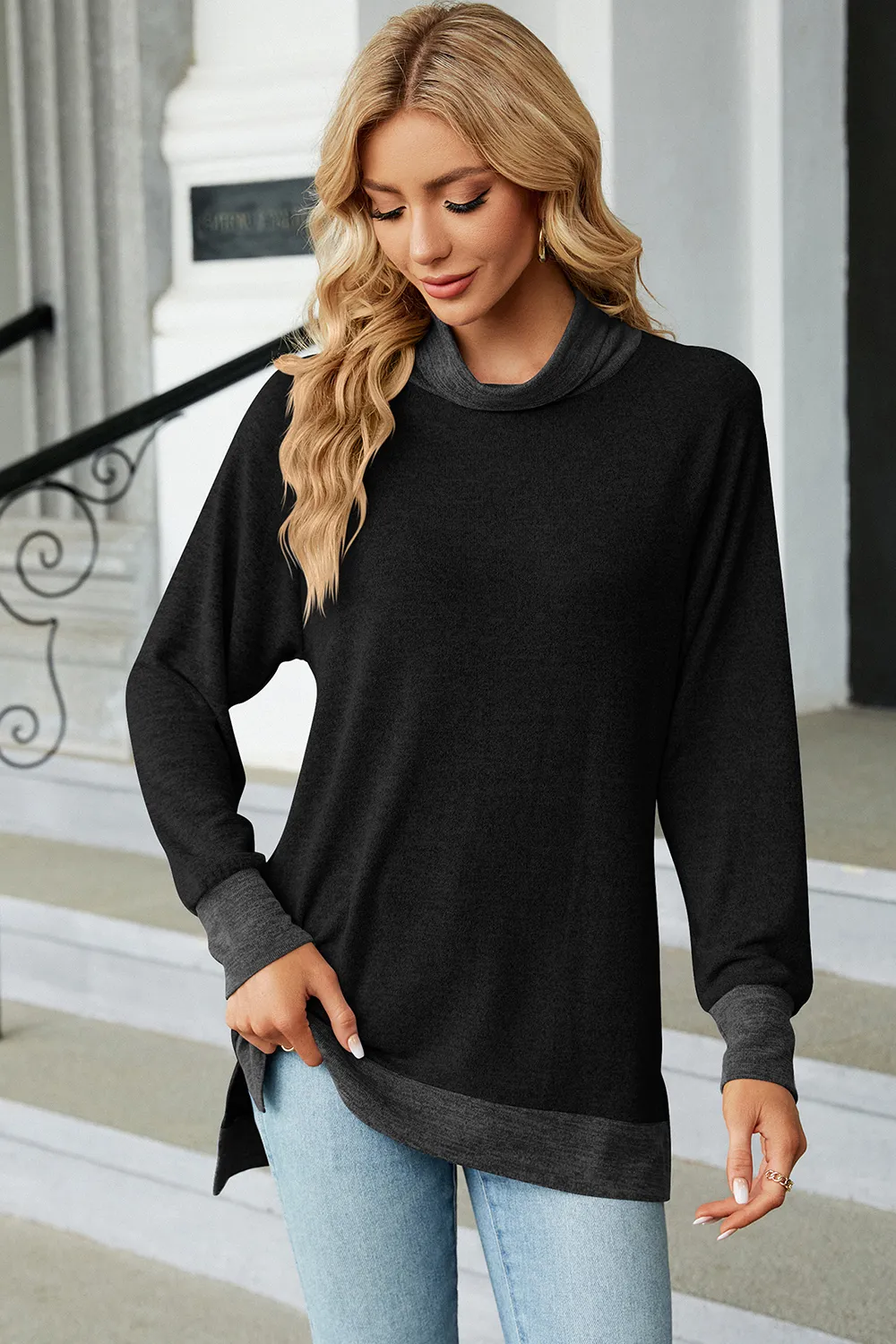 Slit Mock Neck Long Sleeve T-Shirt, image 5