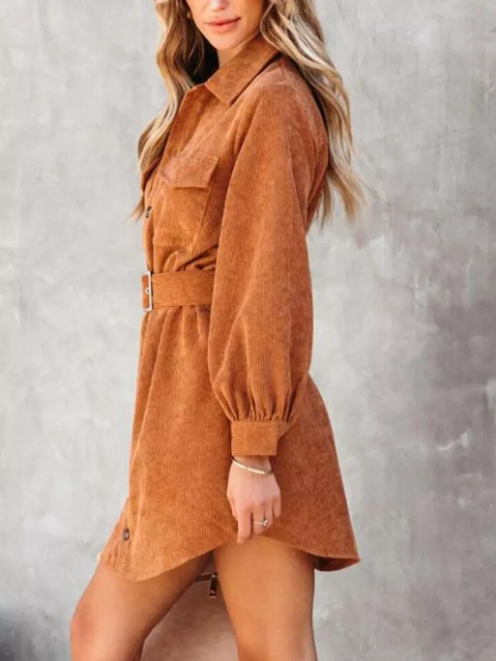 Button Front Belt Long Sleeve Corduroy Dress, image 9