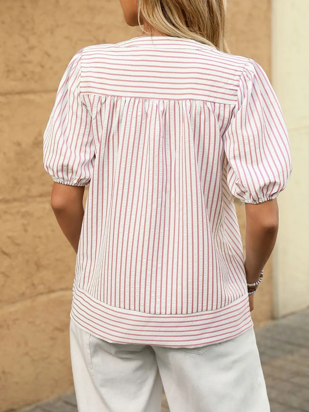 Striped Notched Puff Sleeve Blouse, image 9