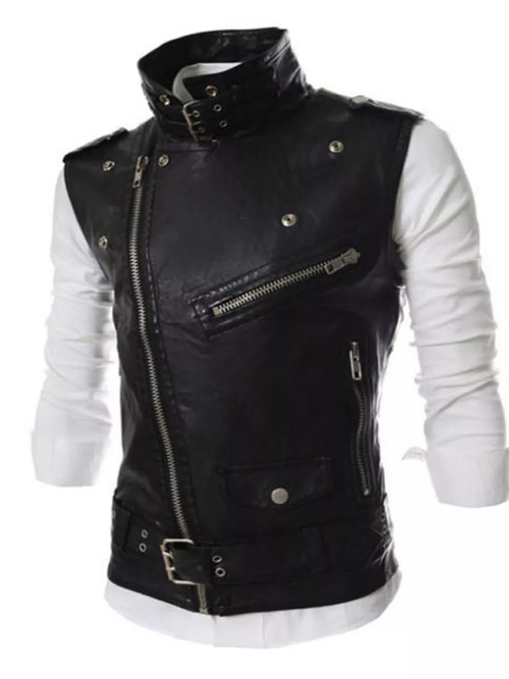 Men's Plus Size Asymmetrical Zipper Adjustable Belt Buckle Vest, image 3
