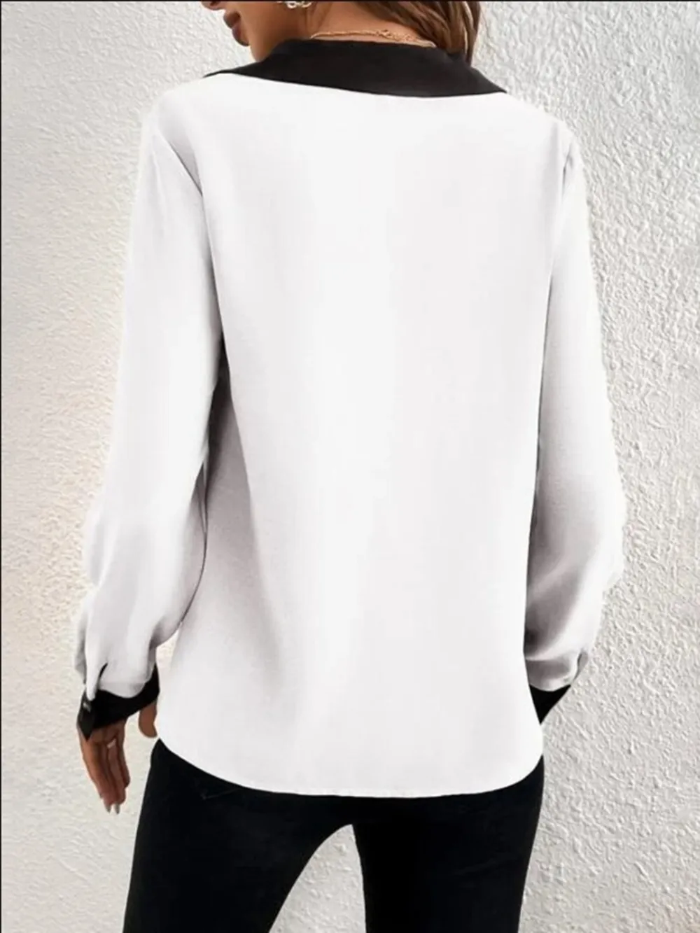 Contrast Trim V-Neck Long Sleeve Blouse, image 6