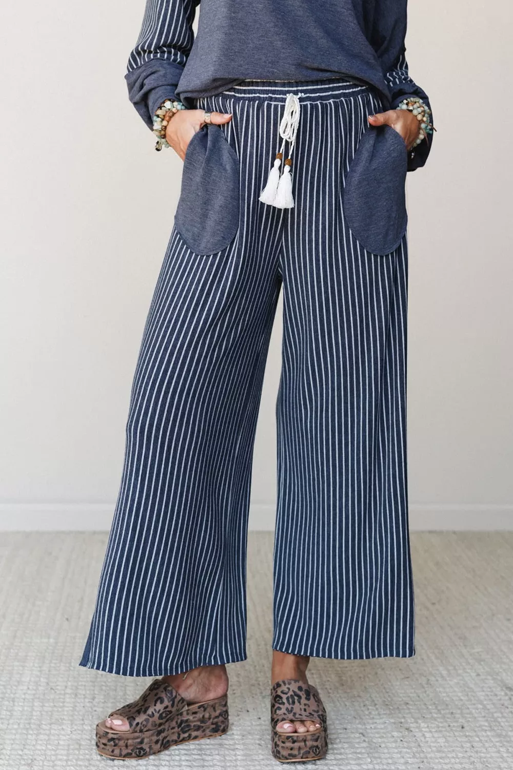 Raw Seam Patchwork Long Sleeve Top Pocket Casual Pants 2pcs Set, image 5