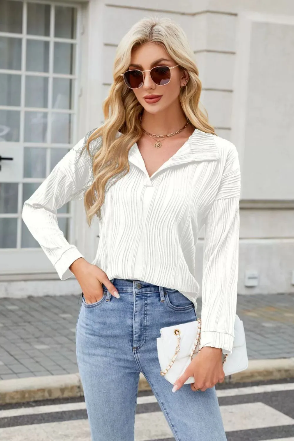 Texture Collared Neck Long Sleeve Blouse, image 7