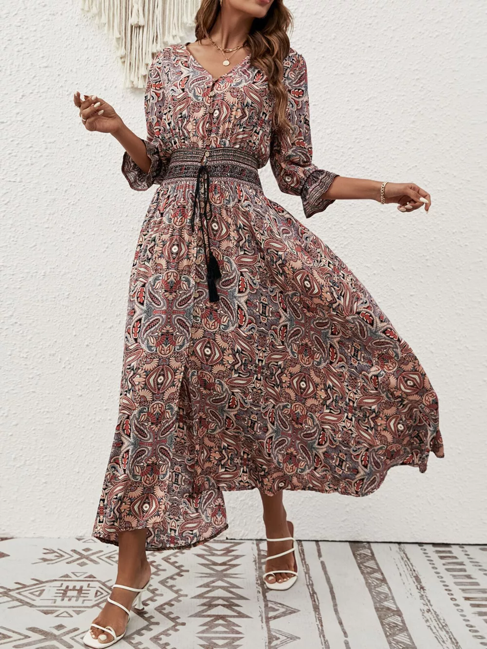 Paisley Print Half Sleeve Slit Midi Dress, image 6