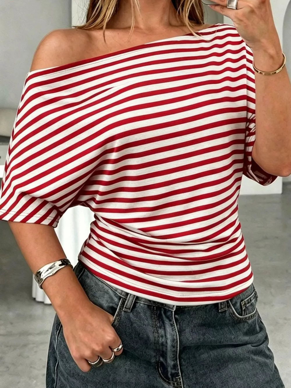 One Shoulder Striped Dolman Sleeve T-Shirt, image 5
