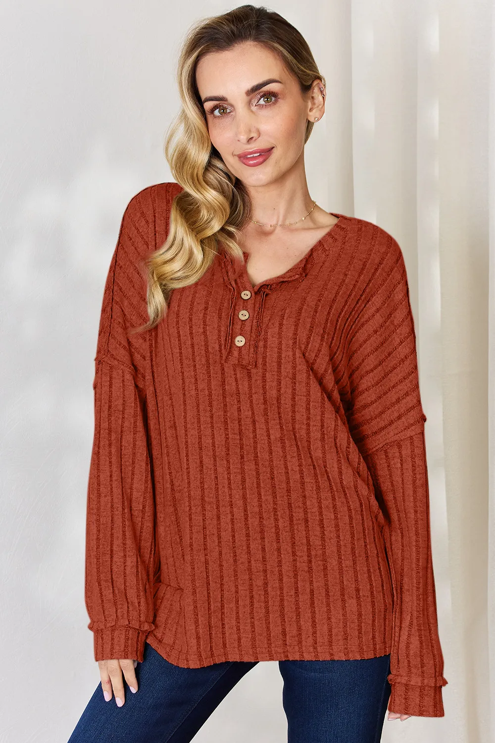 Full Size Ribbed Half Button Long Sleeve T-Shirt, image 13