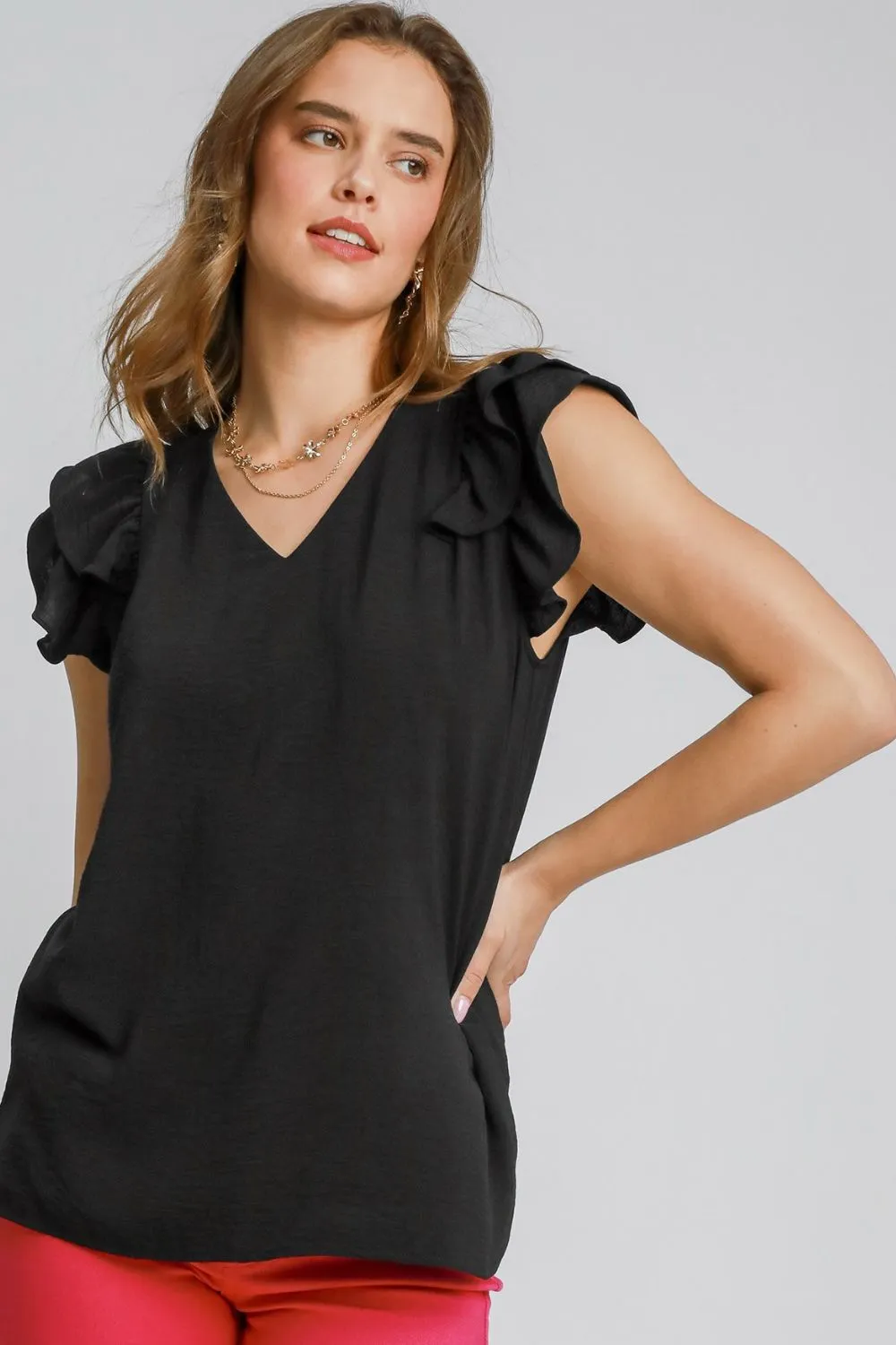 Full Size V-Neck Double Layered Ruffle Sleeve Blouse Plus Size