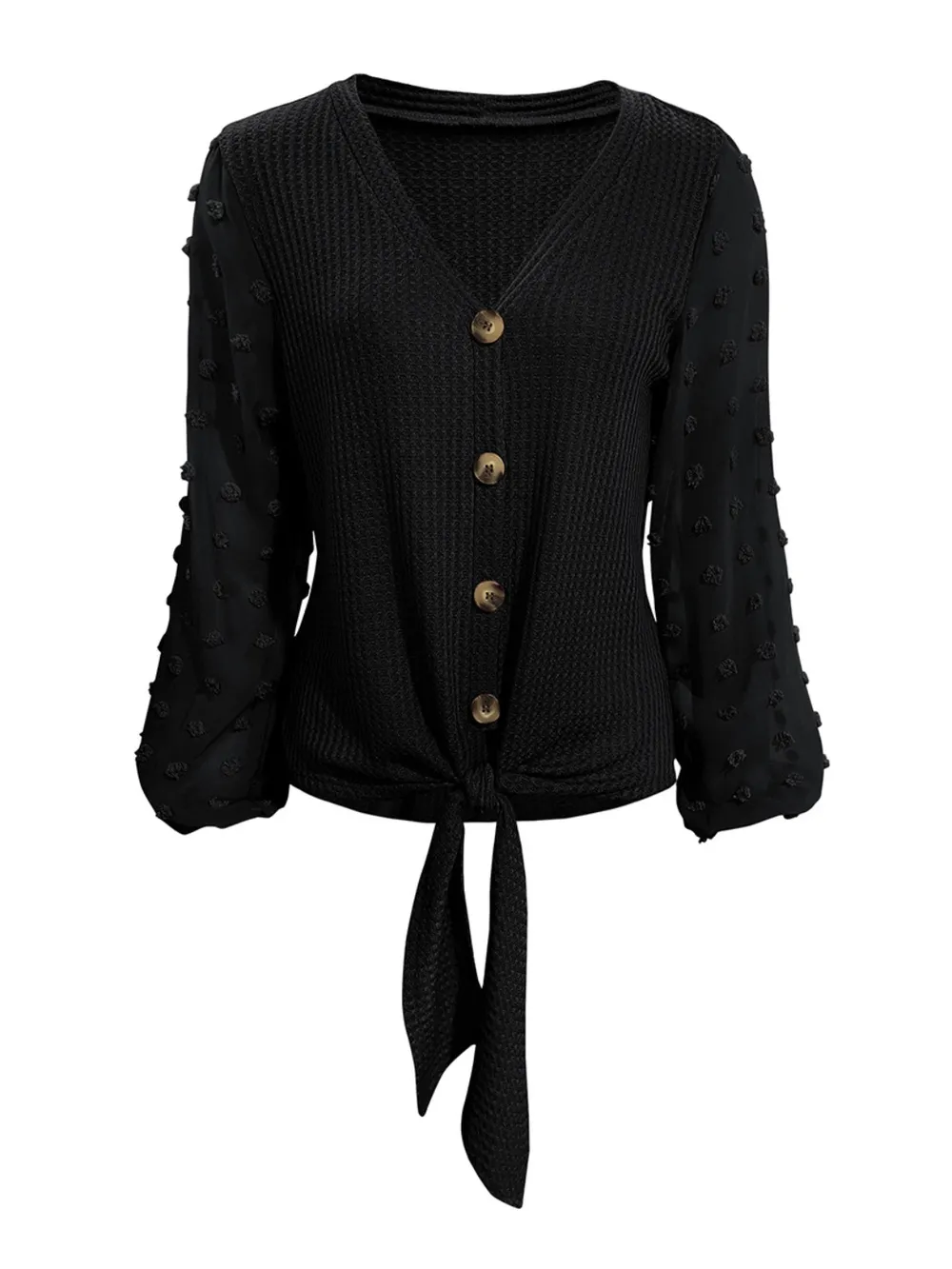 Tied Swiss Dot V-Neck Long Sleeve Blouse, image 6