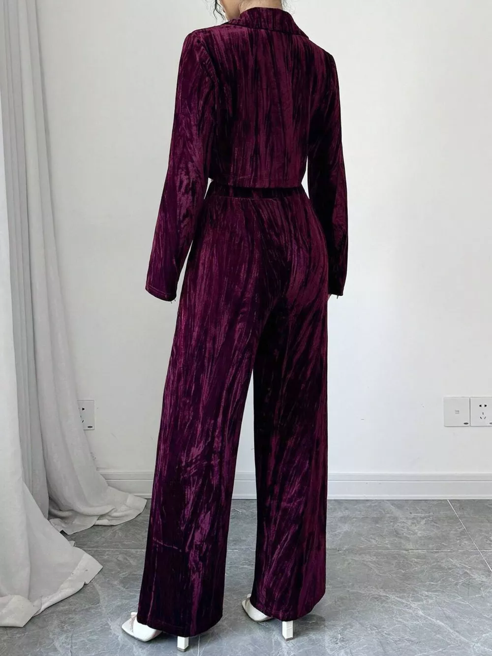 Pleated Velvet Blazer & Wide Leg Pants Set, image 13