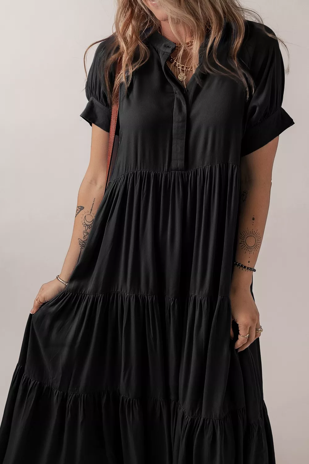 Hidden Buttons Short Sleeve Ruffle Tiered Long Flared Dress, image 3