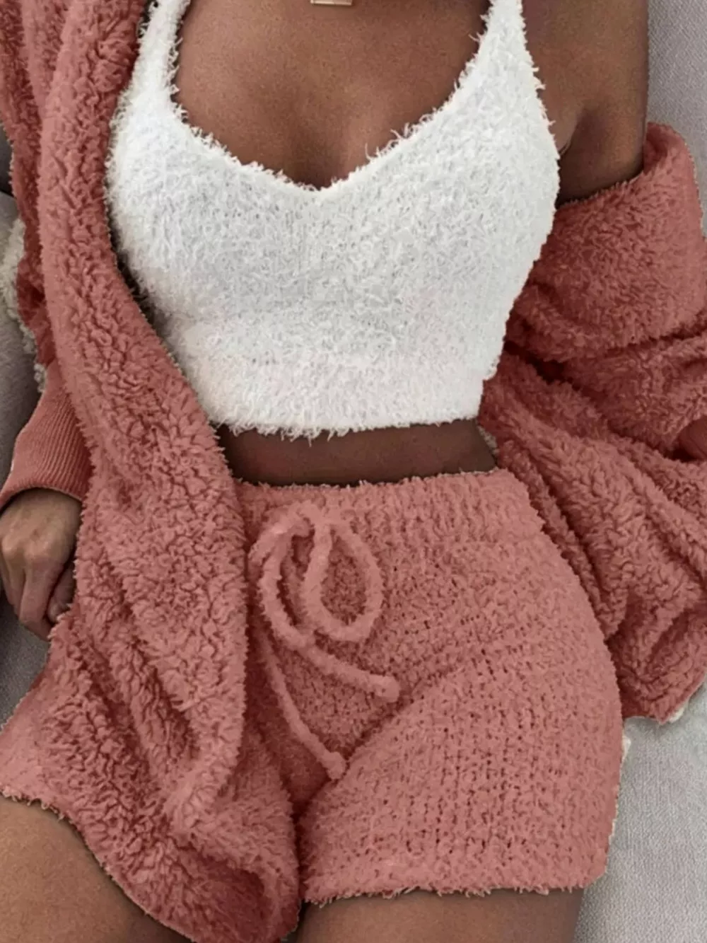 Full Size 3-Piece Fuzzy Plush Cardigan and Shorts Lounge Set with Crop Top Plus Size, image 14