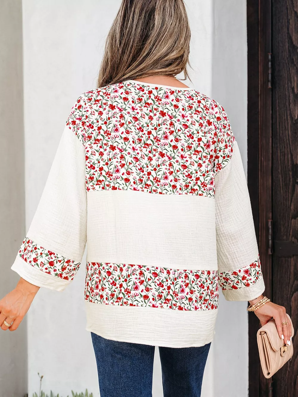 Floral Print Henley Button 3/4 Sleeve Blouse, image 4