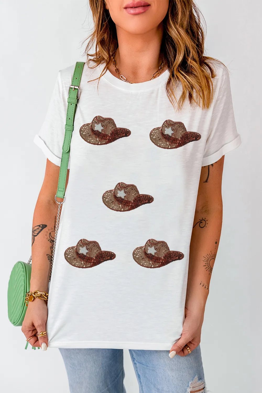 Sequin Hat Round Neck Short Sleeve T-Shirt, image 5