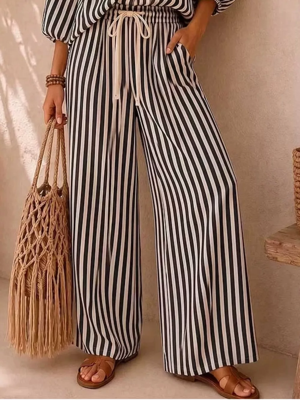 Full Size Striped Puff Sleeve Shirt and Wide-Leg Drawstring Pants Set Plus Size, image 6