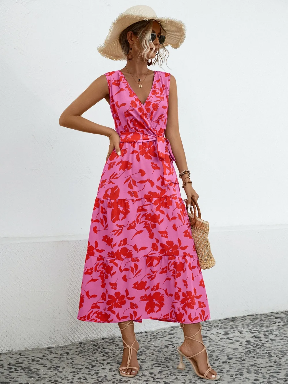 Tied Printed Surplice Tiered Dress, image 5